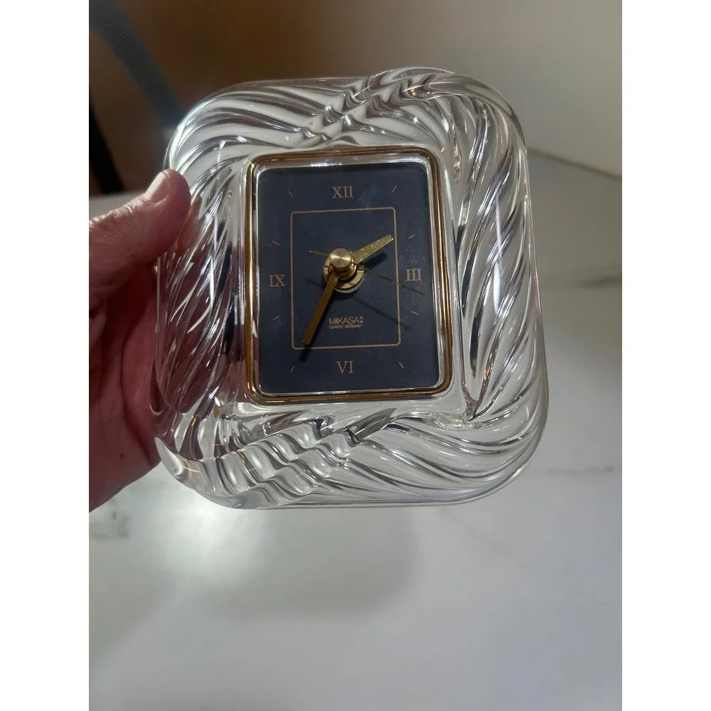 Mikasa Crystal Desk Clock Black Gold Face Roman Numerals German Quartz Swirl